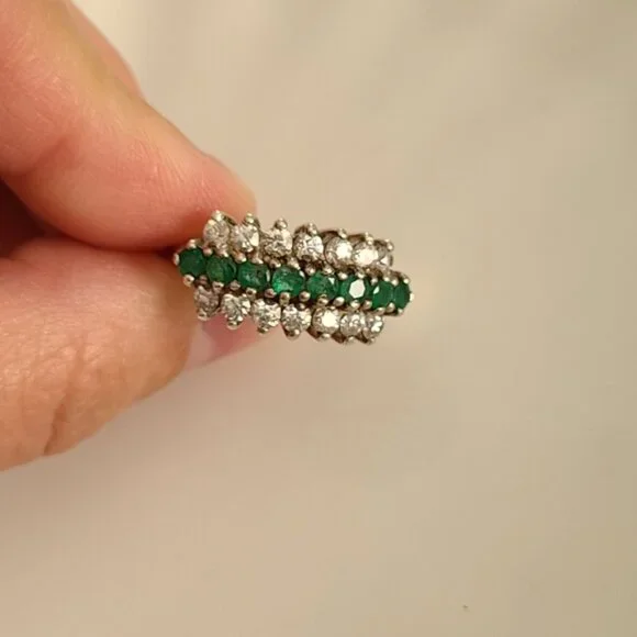 Vintage Boho 3 Row Crystal Natural Emerald Sterling Silver 925 Cocktail Ring 6.2 - Picture 7 of 9
